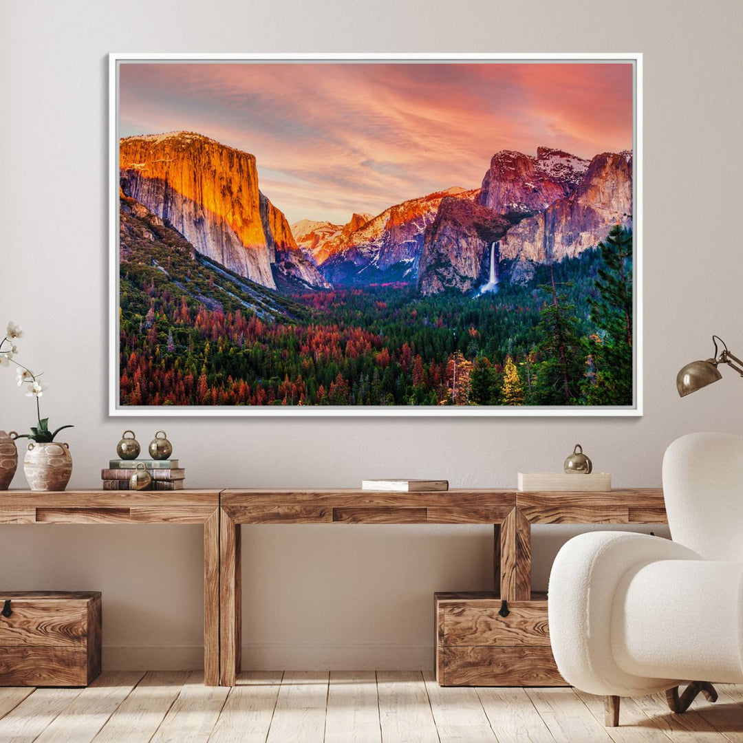 An El Capitan Yosemite Canvas showcasing a sunset over a mountain valley.