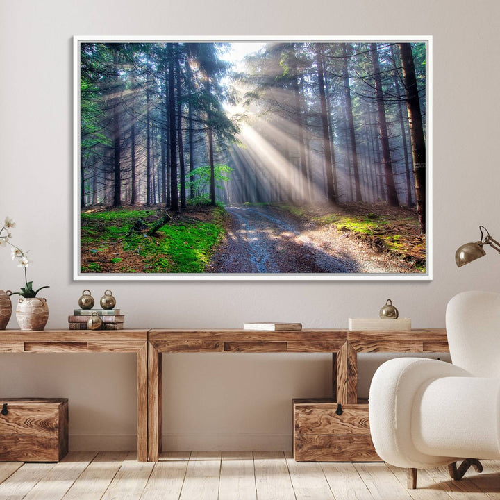 The dining area features a 3-panel Forest Path Canvas showcasing sun rays filtering through a misty forest.