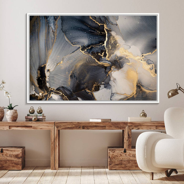 A Modern Marble Fluid Effect Abstract Wall Art with black, white, and gold swirls hangs in a modern kitchen.