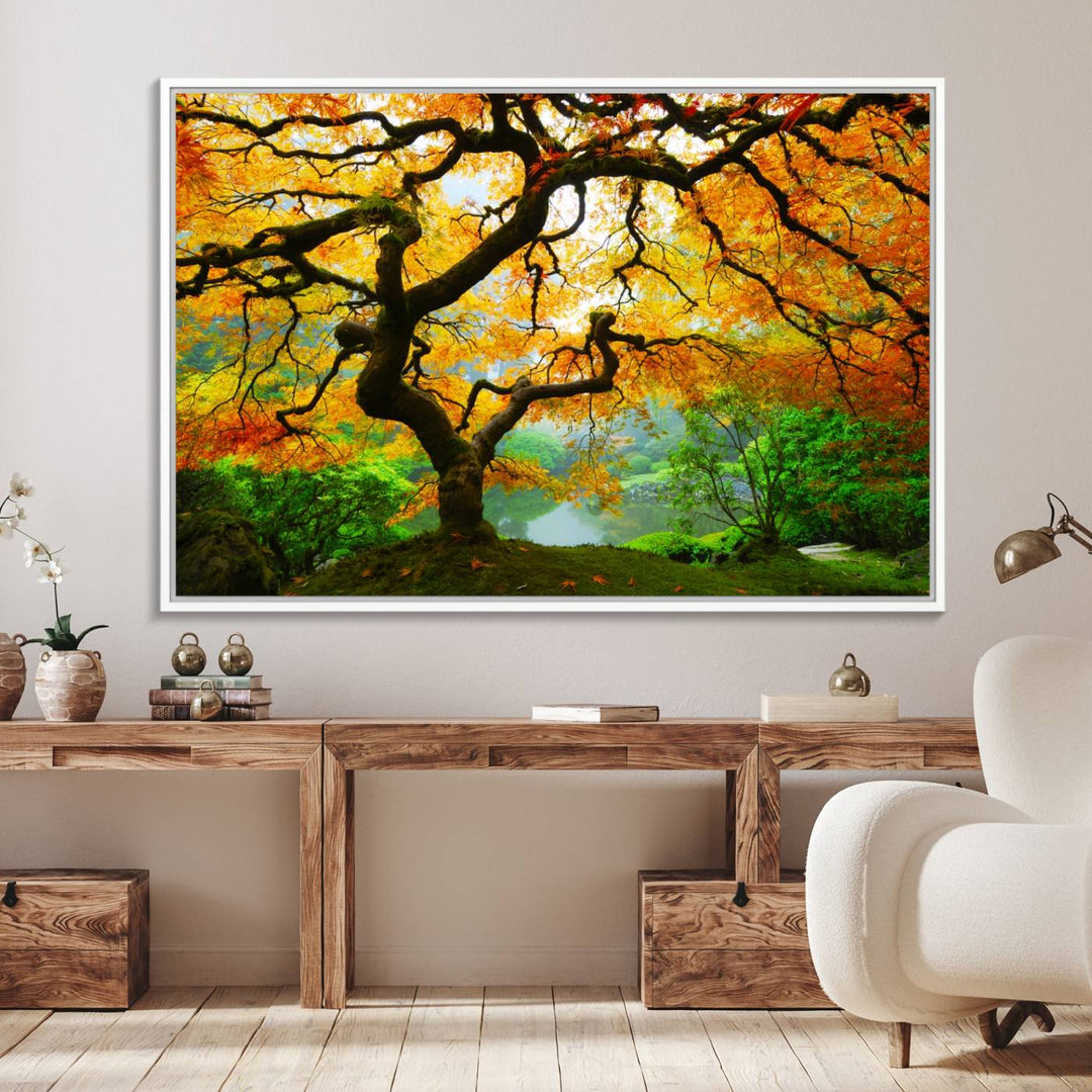 The Portland Japanese Maple Tree Canvas adds elegance to a modern living room.