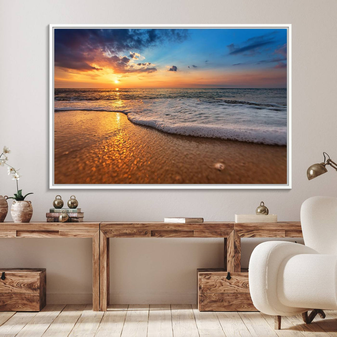 The Golden Sunset Beach Waves Triptych adds a modern coastal touch with its stunning seascape.