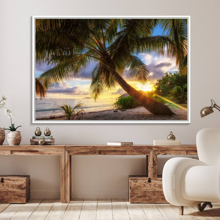 A Coastal Sunset Palm Tree canvas print hangs prominently.