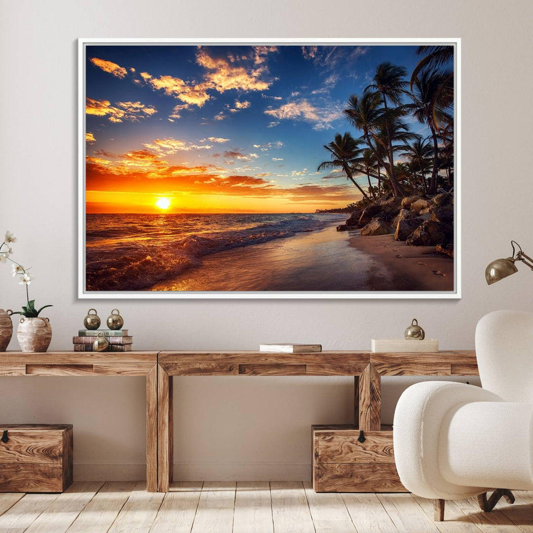 A stunning Tropical Beach Sunset Canvas Art featuring palm trees and ocean waves, created as a Giclee print.