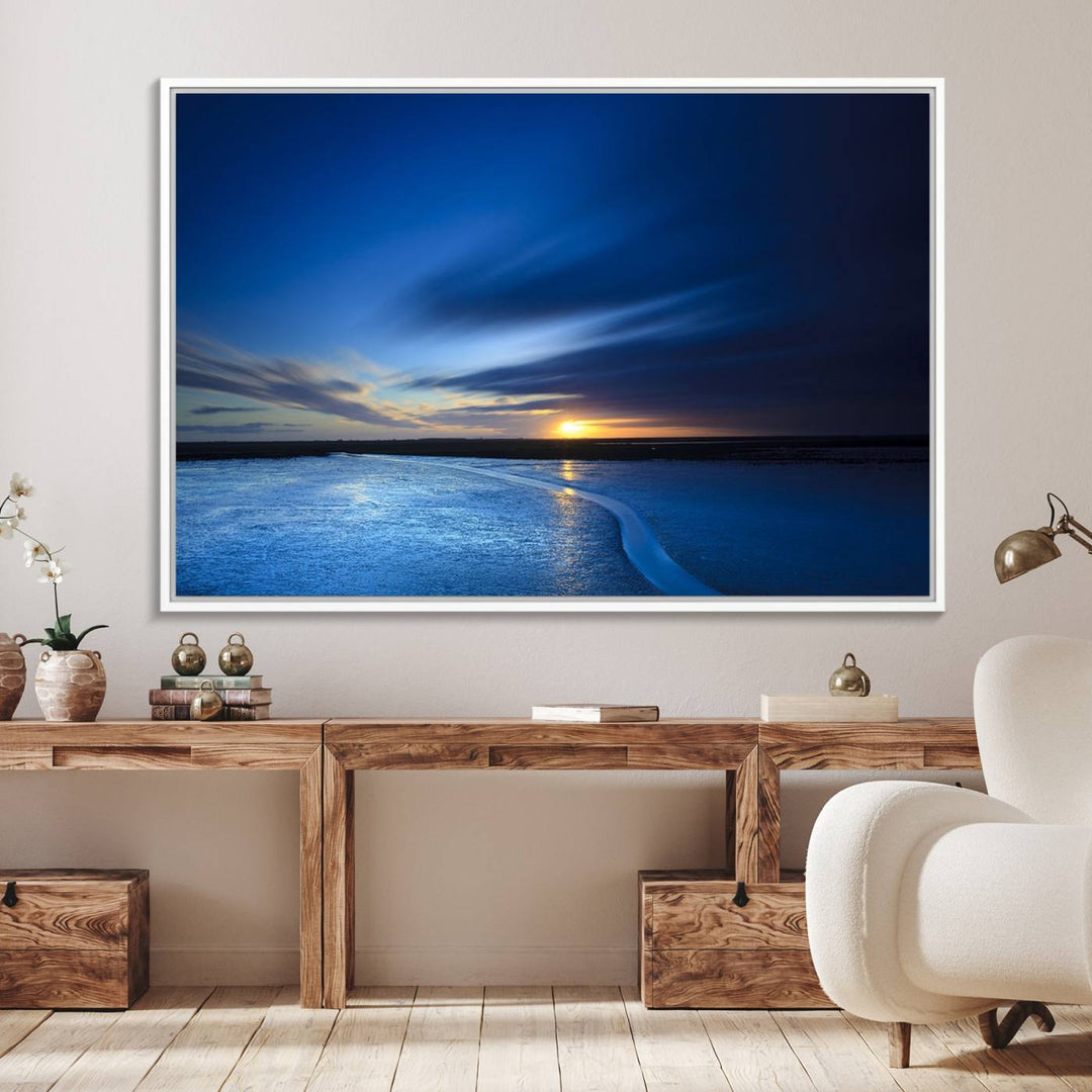 Modern decor: Deep Blue Ocean Sunset Triptych for a serene coastal vibe.