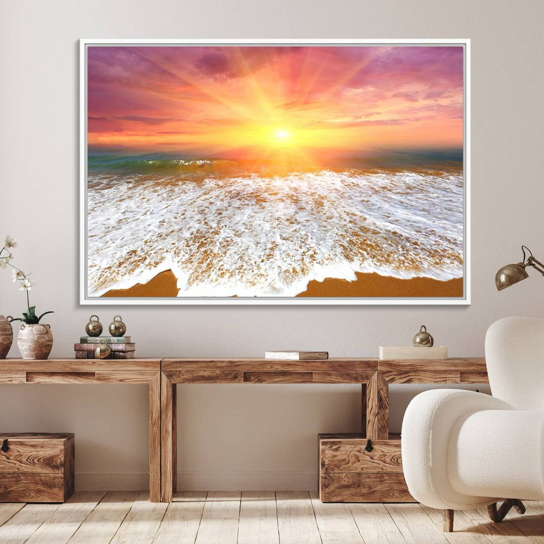 Golden Beach Sunrise 3-panel canvas art of ocean waves, hung on a wooden wall.