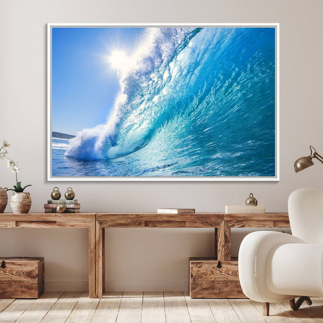 The Blue Big Wave Surfing Ocean Canvas adds a coastal vibe to a wooden wall.