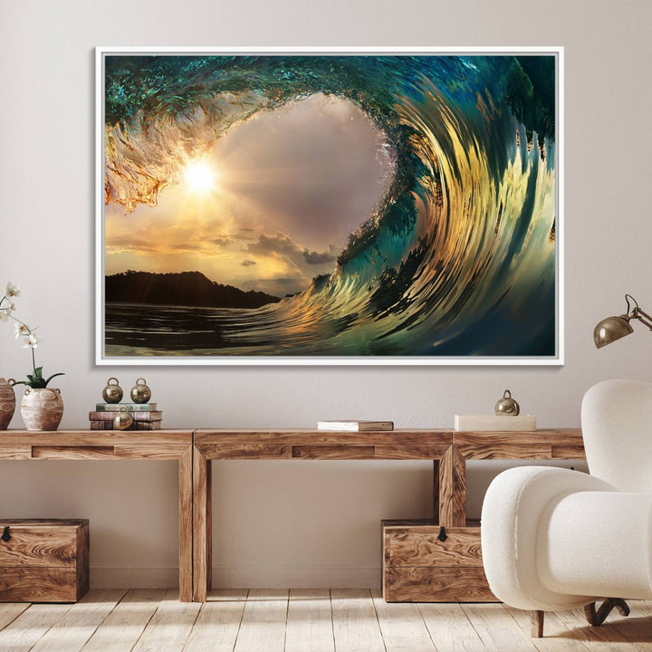 A Golden Wave Sunset Giclee hangs above, showcasing colorful ocean wave art.