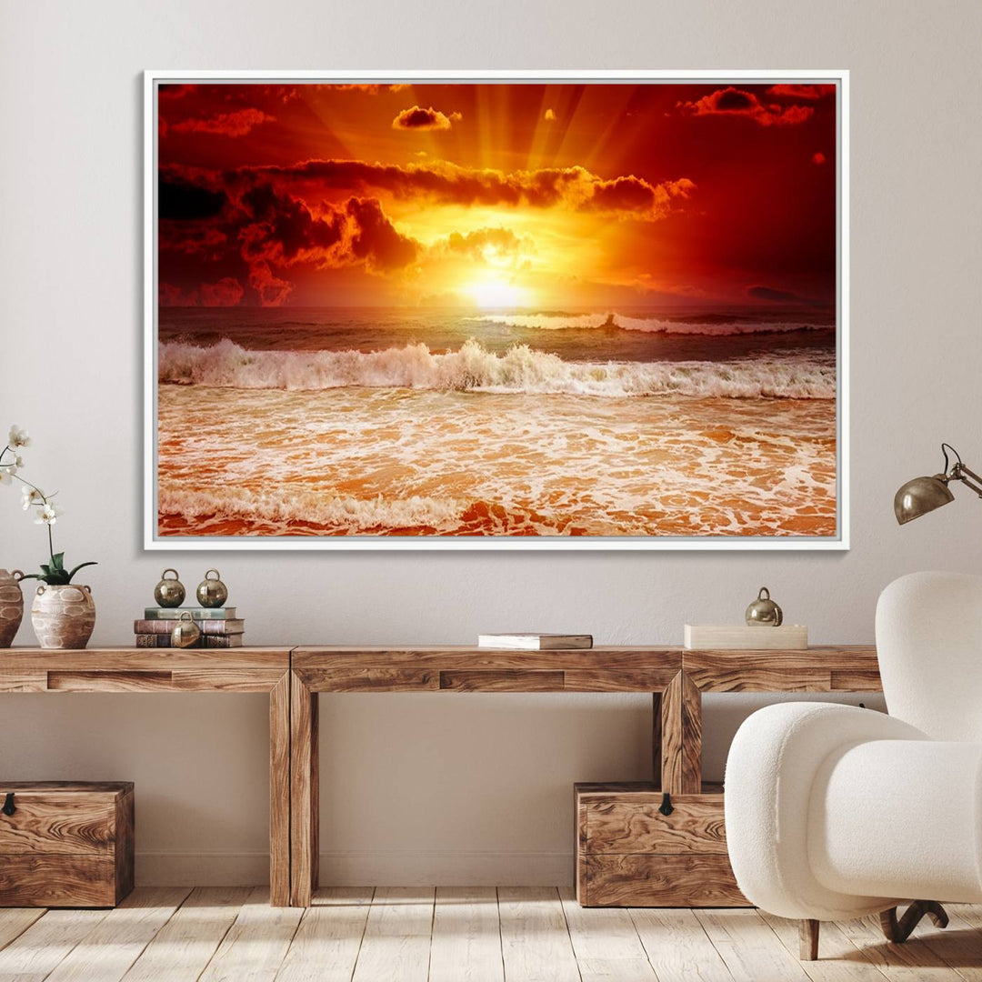 The Red Sunset Ocean Beach Canvas depicts ocean waves.