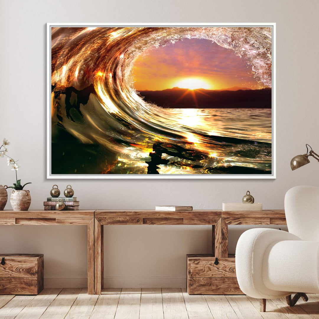 The Golden Wave Sunset Triptych Canvas Art showcases an ocean wave at sunset, casting warm light.