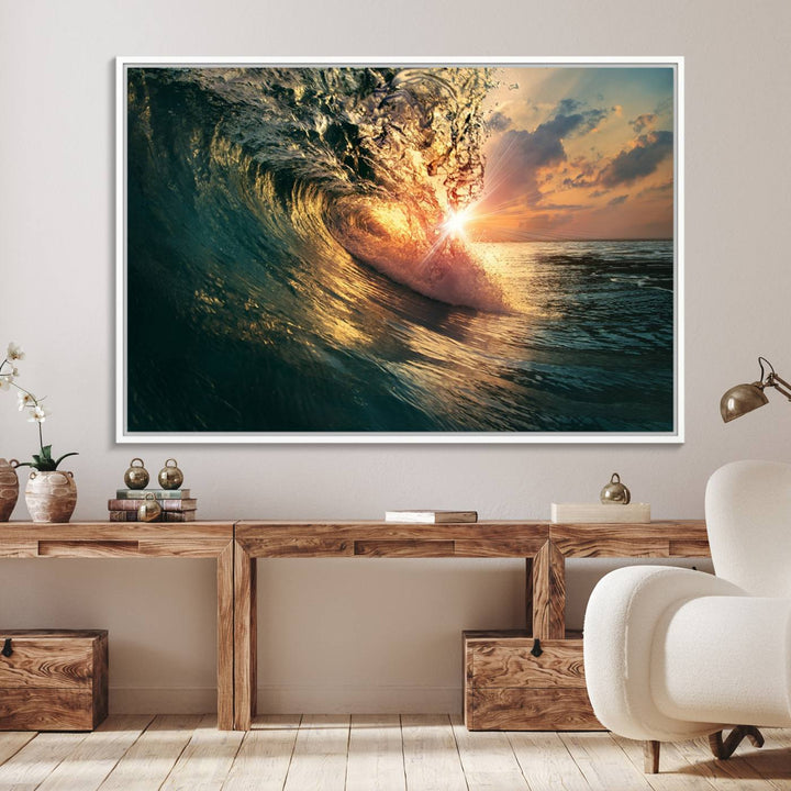 A triptych seascape titled Ocean Wave Sunset Canvas, featuring a stunning ocean view at sunset, is beautifully framed and ready to hang.