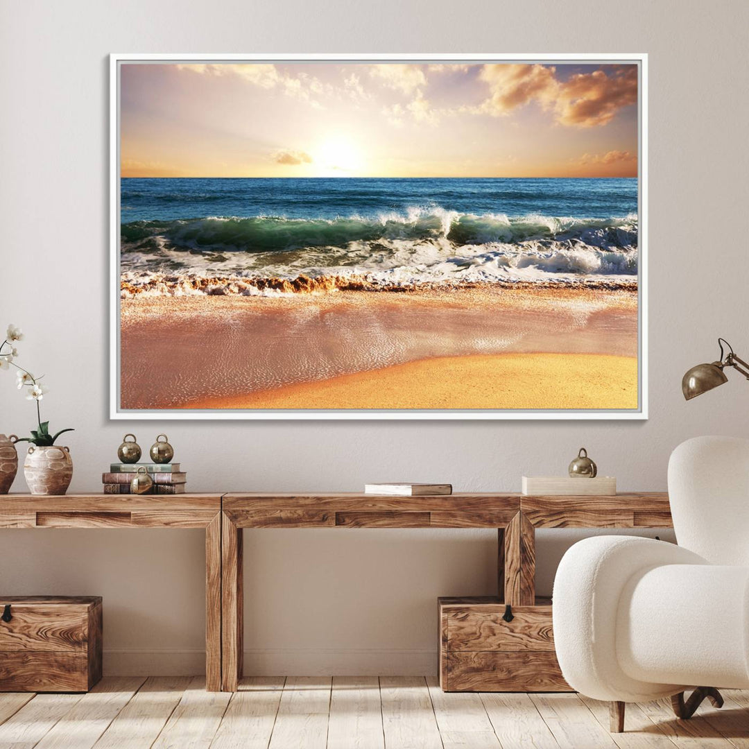 The wall features a Canon-quality Serene Beach Path canvas giclee print, depicting coastal dunes.