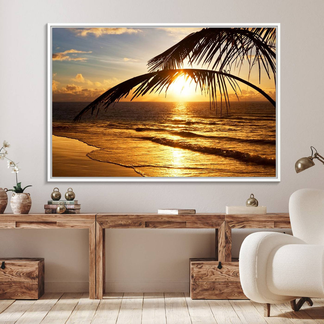 Golden Tropical Beach Sunset Canvas Triptych: Coastal Palm Art & Giclee Print with Gallery Wrap, capturing golden waves.