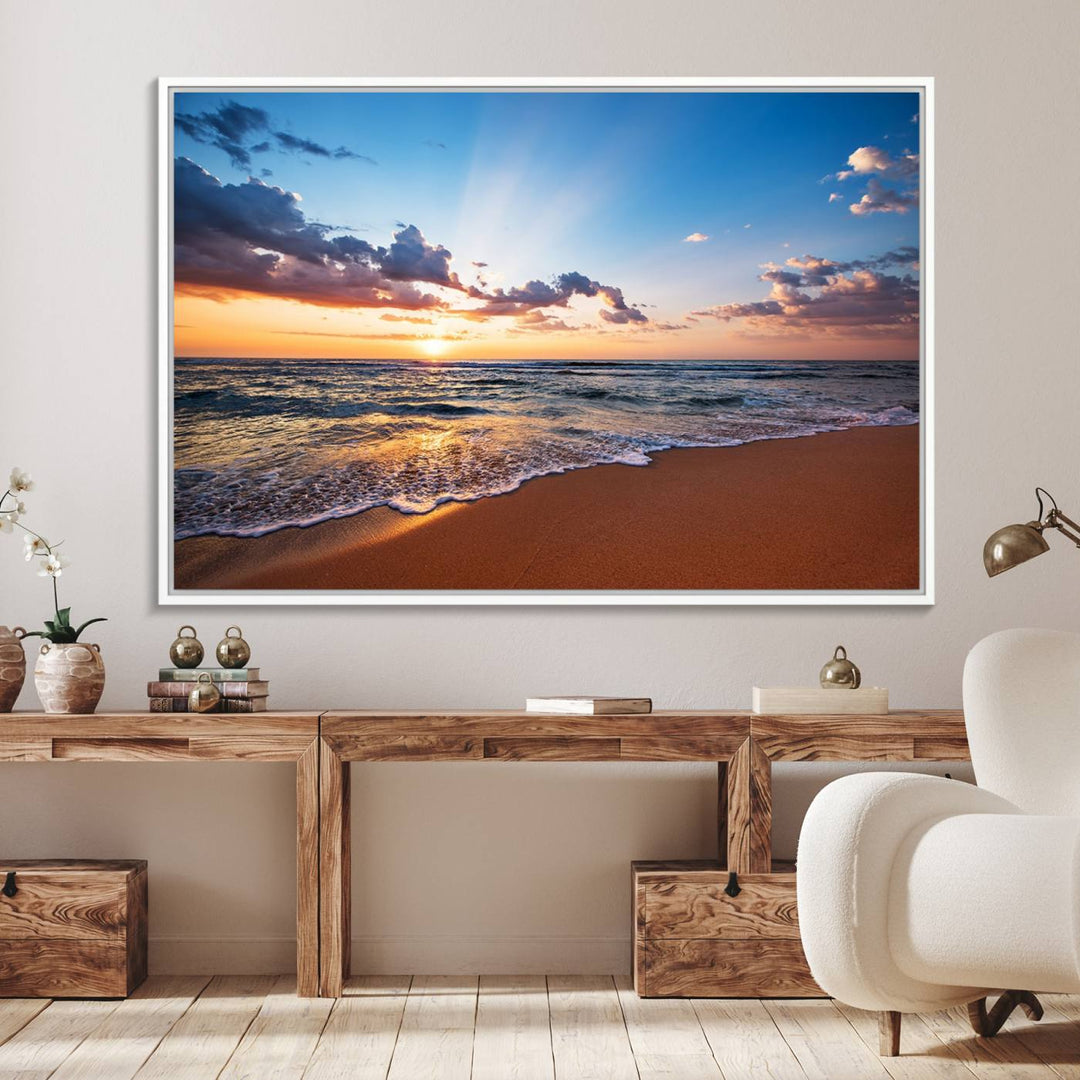 The living room showcases a Serene Ocean Sunset Canvas Print.