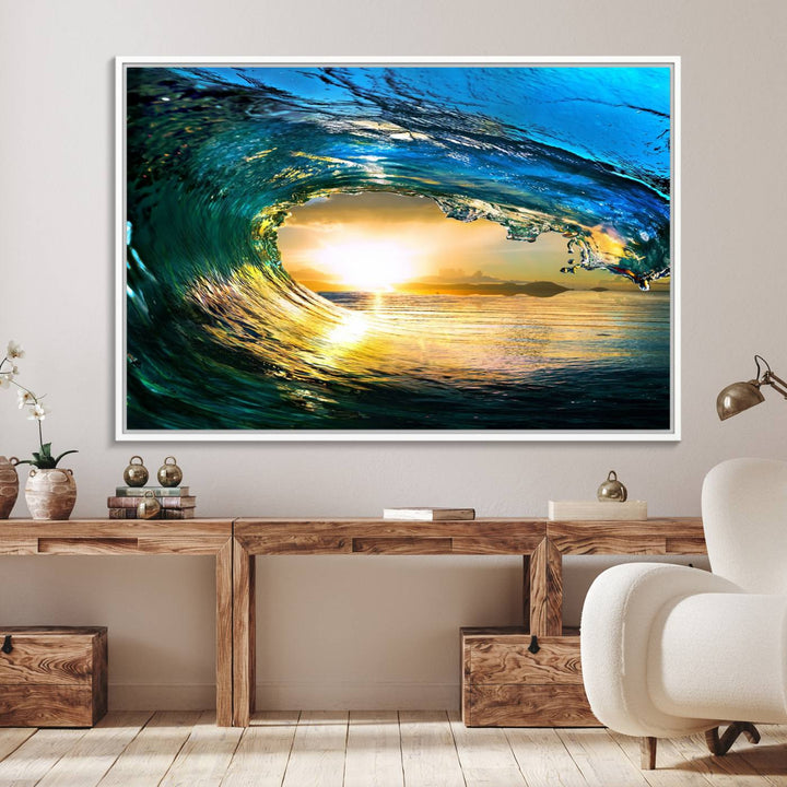 The Ocean Wave at Sunset Canvas Art exudes a coastal vibe.