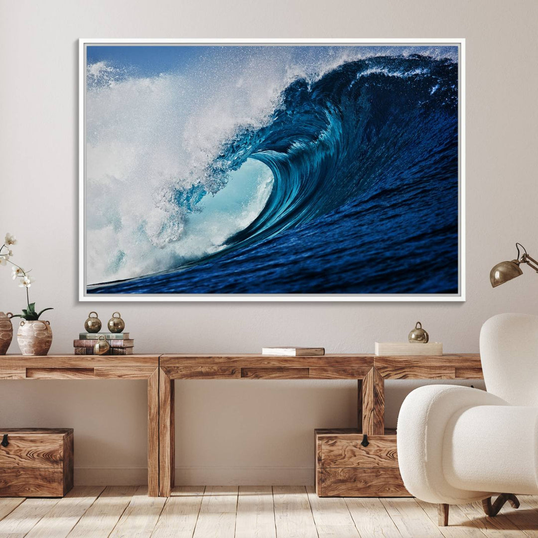 Ocean Wave at Sunset Canvas: A vibrant coastal art piece perfect for modern minimalist decor.