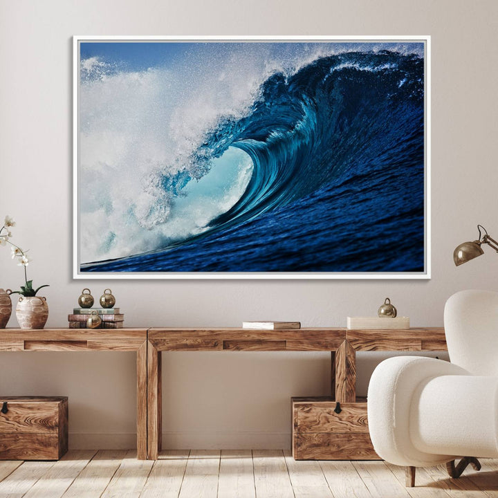 Ocean Wave at Sunset Canvas: A vibrant coastal art piece perfect for modern minimalist decor.