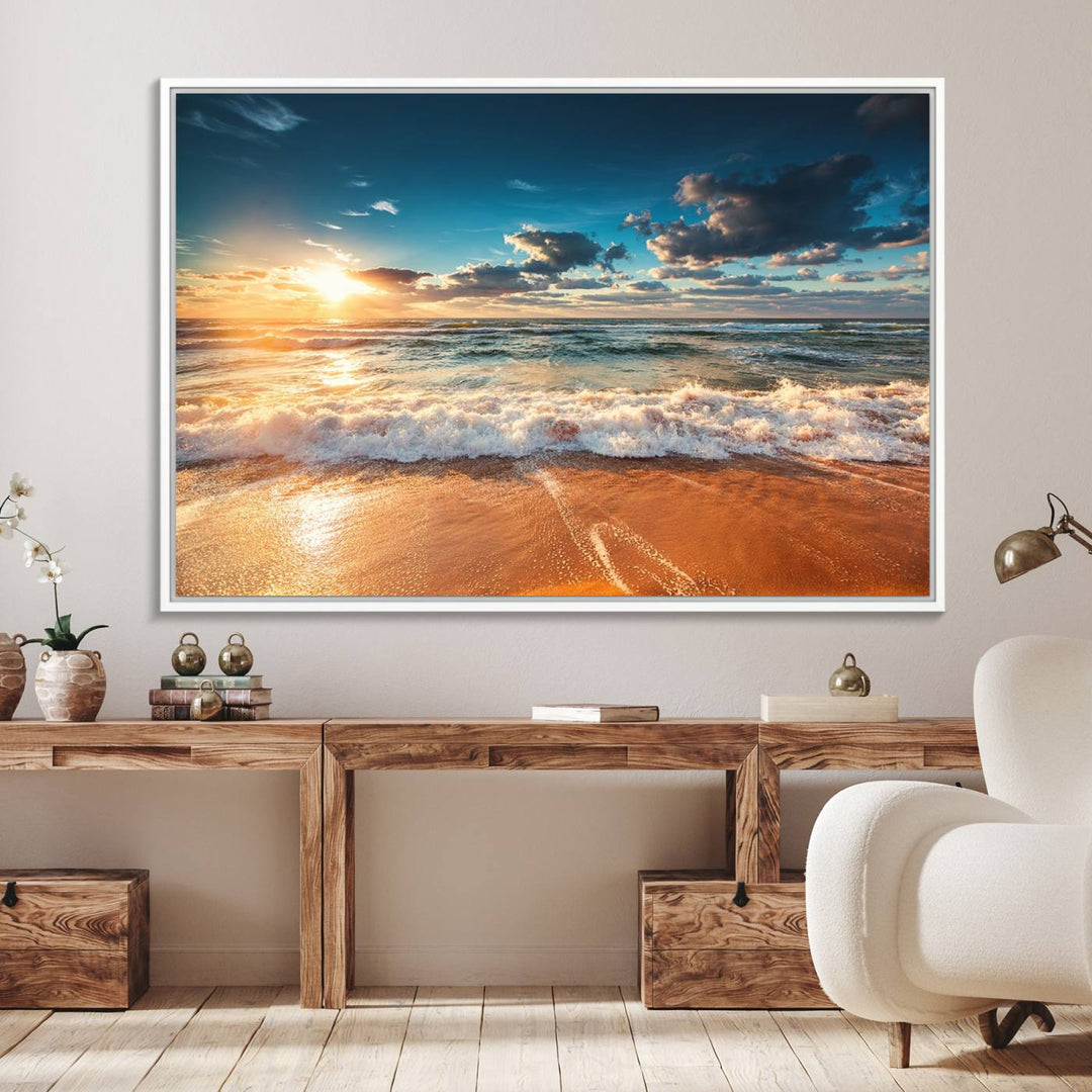 A Golden Sunset Beach Triptych Canvas Art hangs on a white wall.