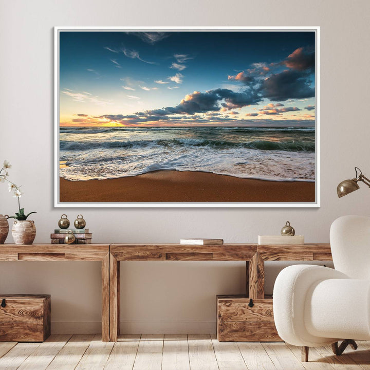 Ocean Beach Wall Art Canvas Print hangs prominently.