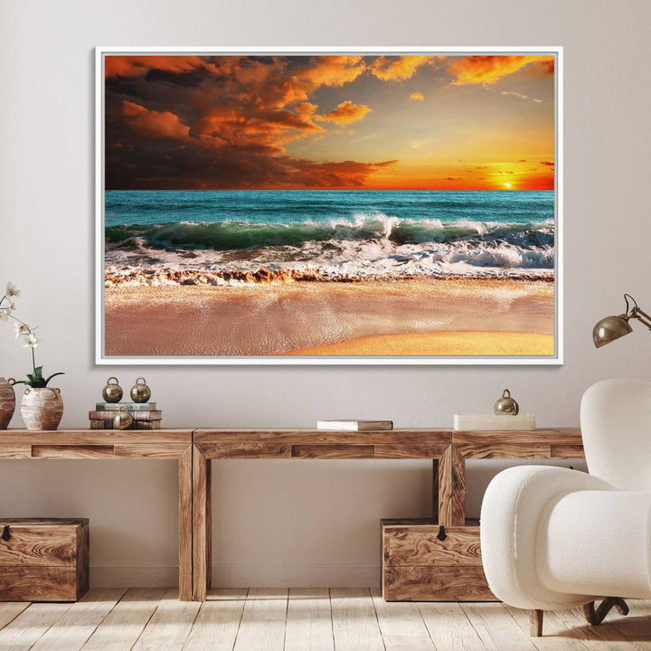 A Golden Sunset Beach triptych seascape canvas hangs on the wall.