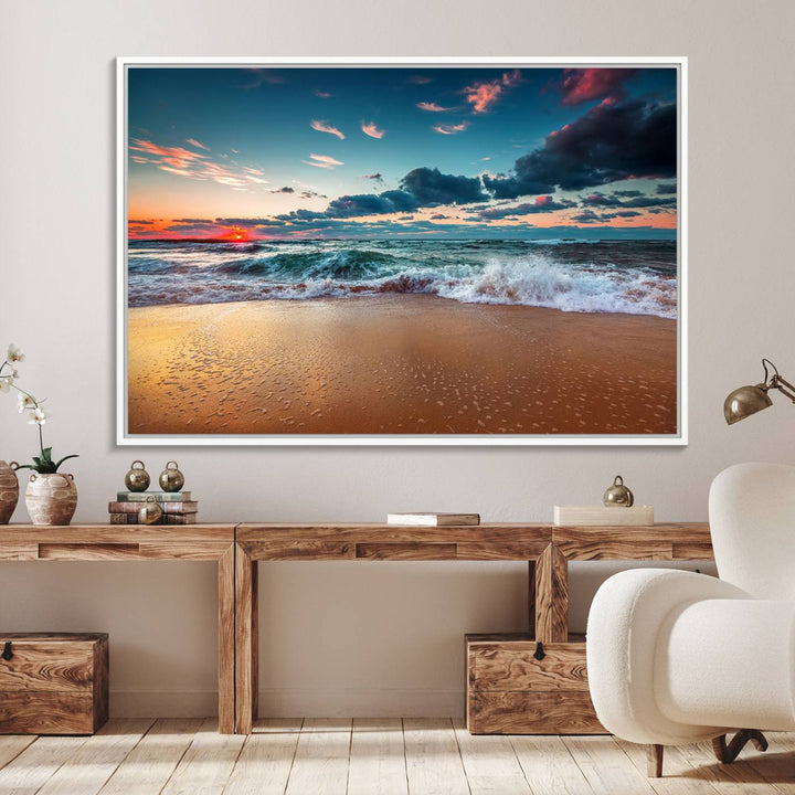 A large 3-panel sunset ocean beach canvas is displayed above the counter.