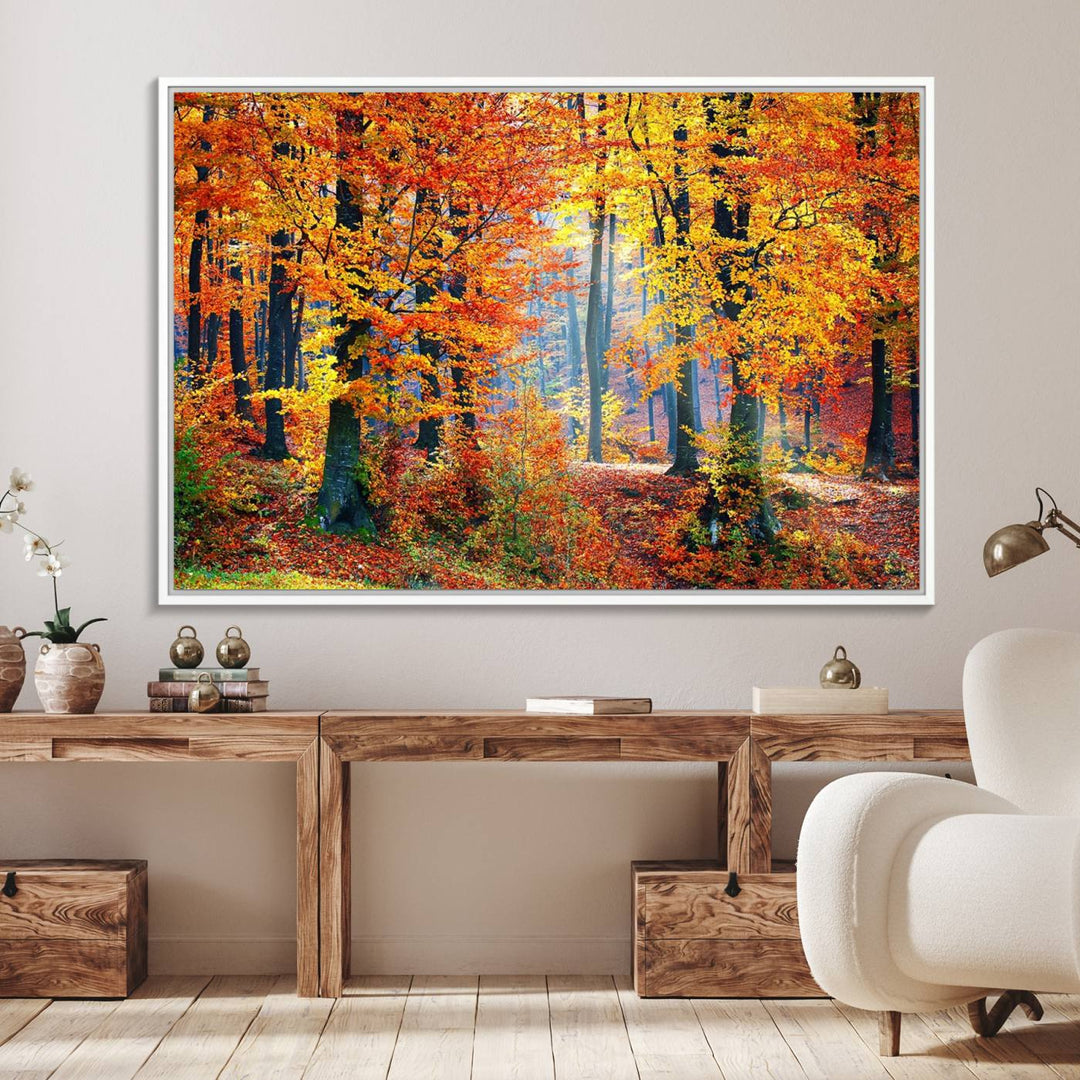 The room features an Autumn Red Forest Triptych Canvas Wall Art.