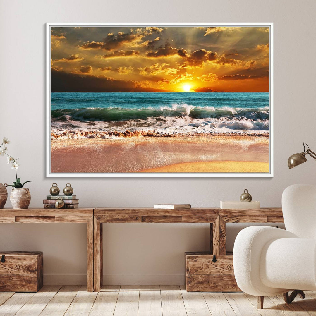 Golden Sunset Beach Canvas Triptych adorns the cozy room, creating a stunning focal point.