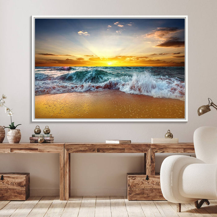 The kitchen features the Golden Sunset Ocean Waves multi-panel coastal wall art canvas.