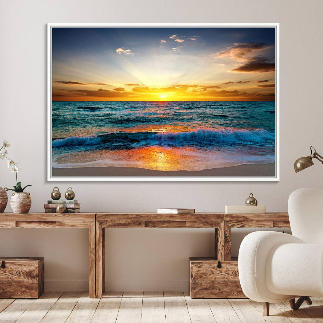 A kitchen dining area with coastal wall art.