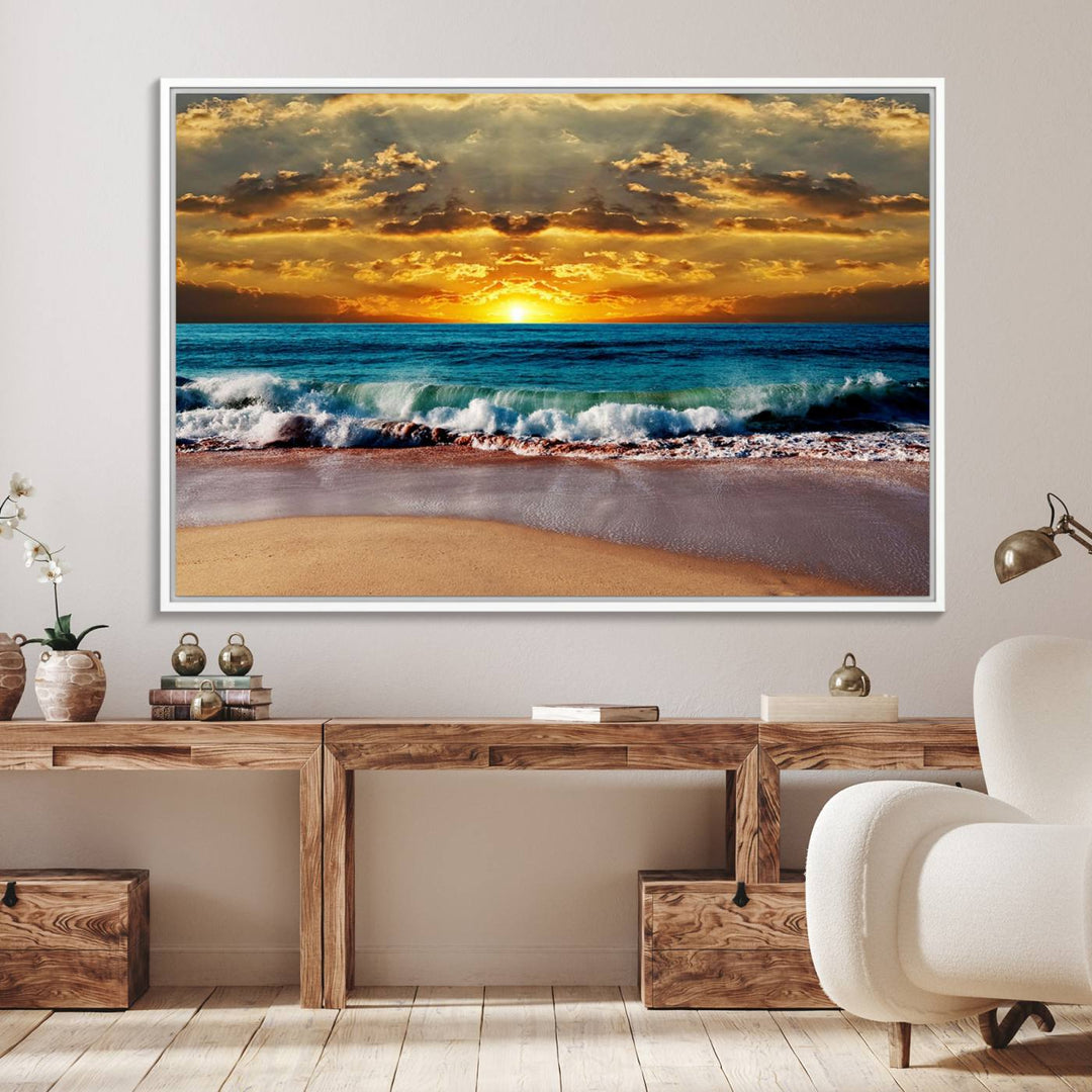 The Ocean Sunrise Over Golden Beach Waves wall art is prominently displayed, capturing the serene beauty of a beach at sunrise.