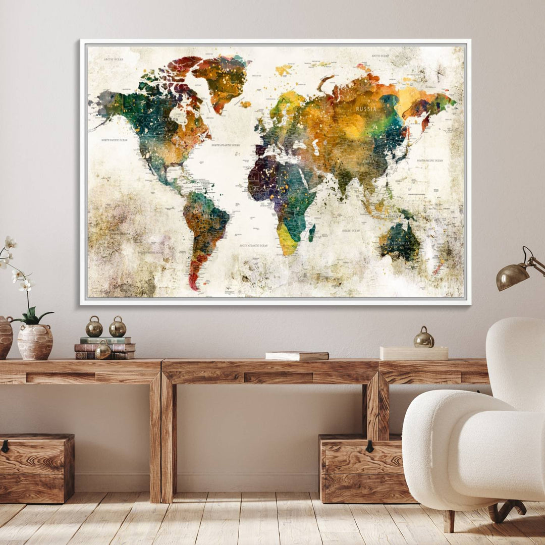 A 3-panel vintage world map canvas art is displayed.