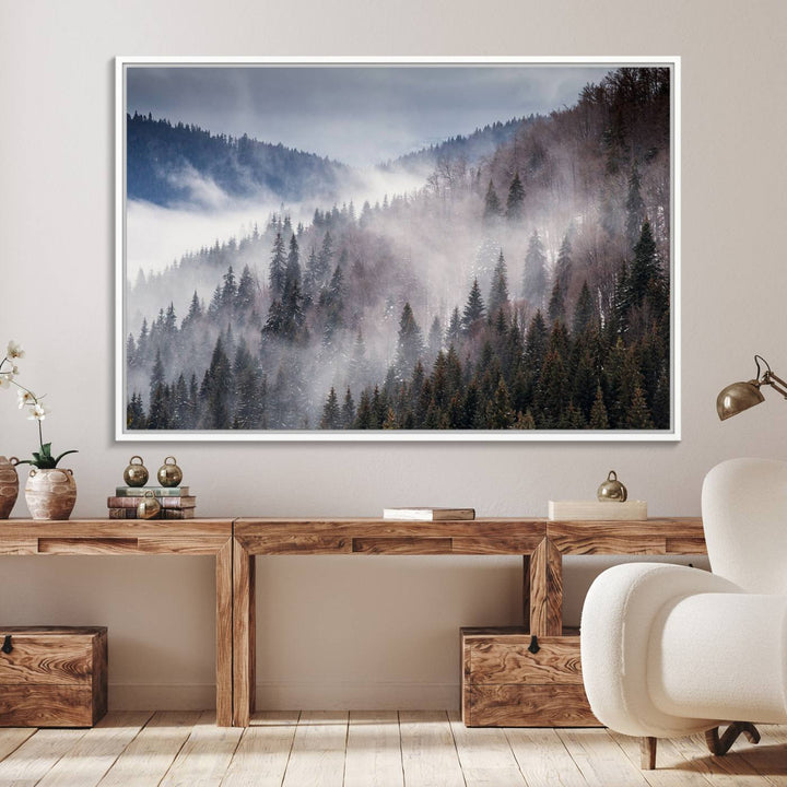 A museum-quality canvas of Beautiful Rising Fog in Winter Mountain Landscape hangs on the wall.