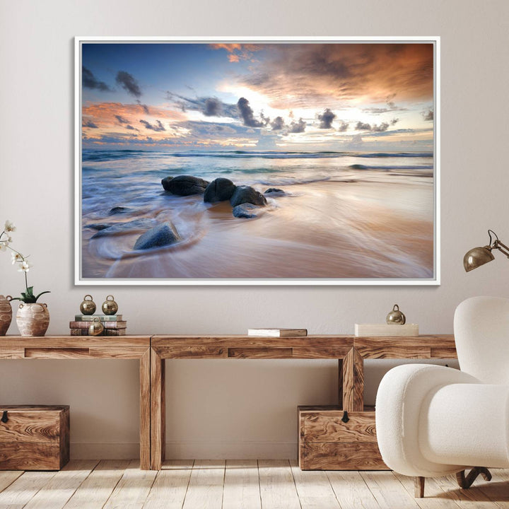 The Serene Weather On The Beach wall art canvas is ready to hang.