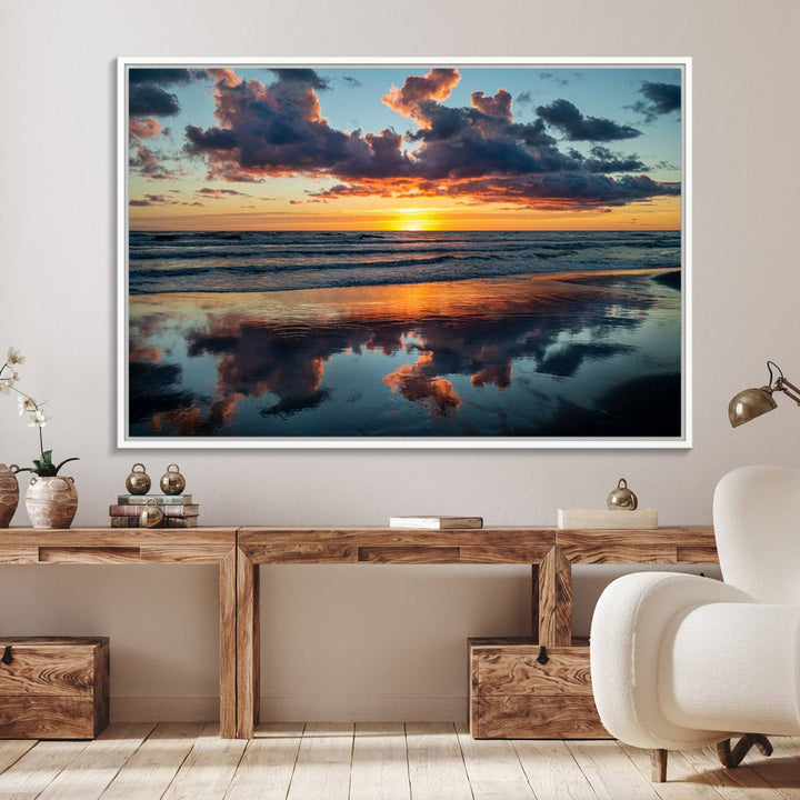 A Beach Sunset Print - Stunning Ocean Canvas Artwork adorns the wall.