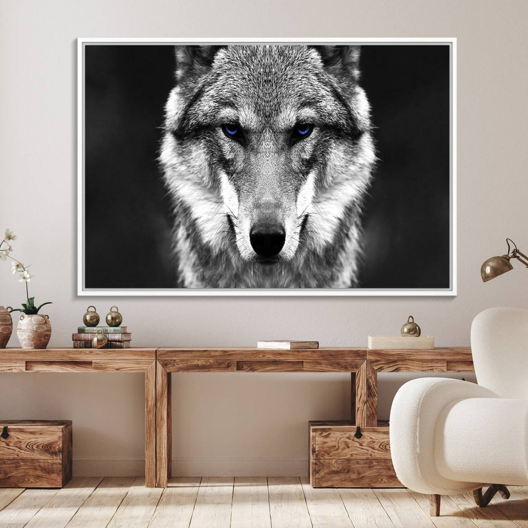 A ready-to-hang Black and White Wild Wolf Wall Art Canvas Print.