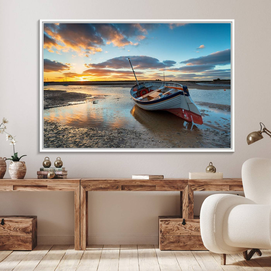 The Small Boat At The Beach Sunset wall art canvas print features UV coating, is museum-quality, and is ready to hang.