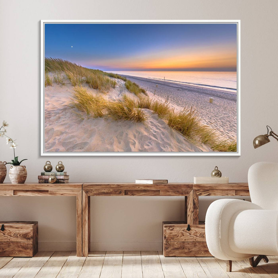 The cozy kitchen features the Sunrise On The Beach canvas art.