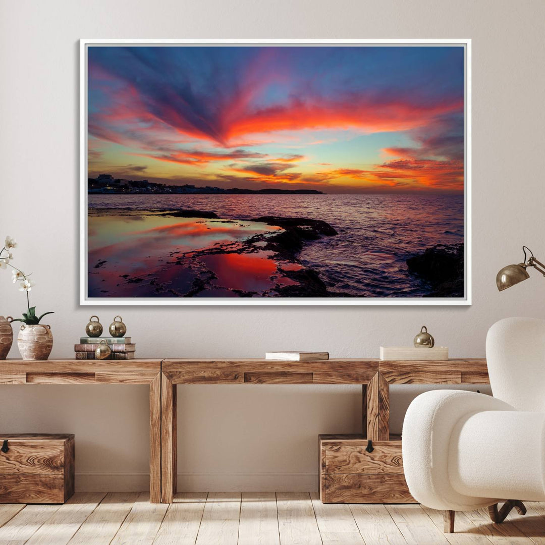 The Glorious Sunset on The Beach canvas print adorns the dining room.