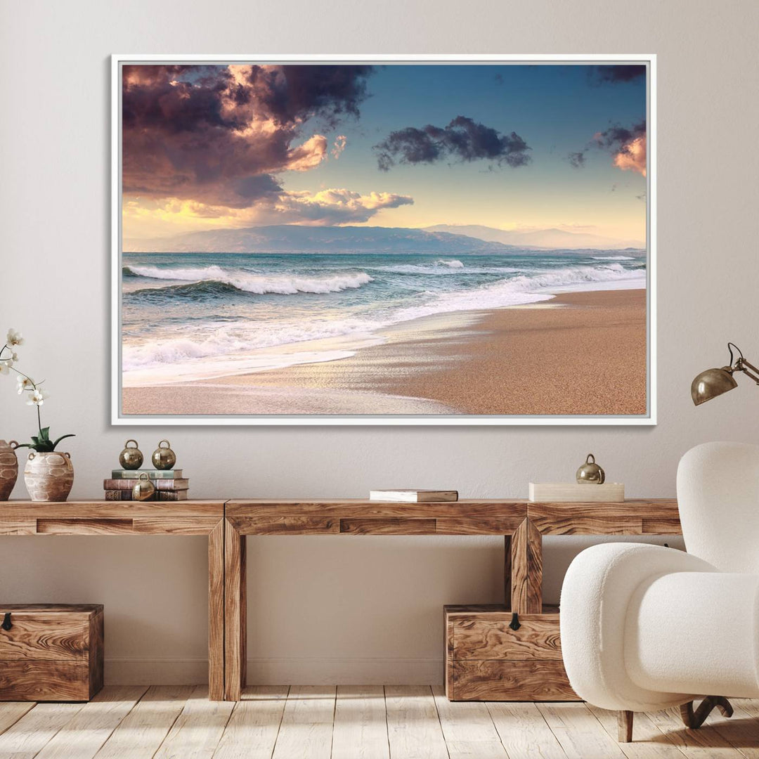 The dining area is enhanced with the Cloudy Weather Beach Sunset Canvas Print.