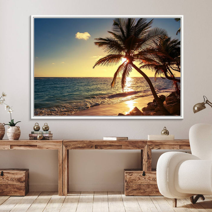 Sunset Palm Trees Wall Art Canvas Print: a serene beach scene on museum-quality canvas.