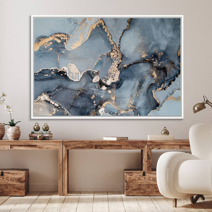 A Multipanel Marble Fluid Effect Canvas Print hangs prominently on the wall.