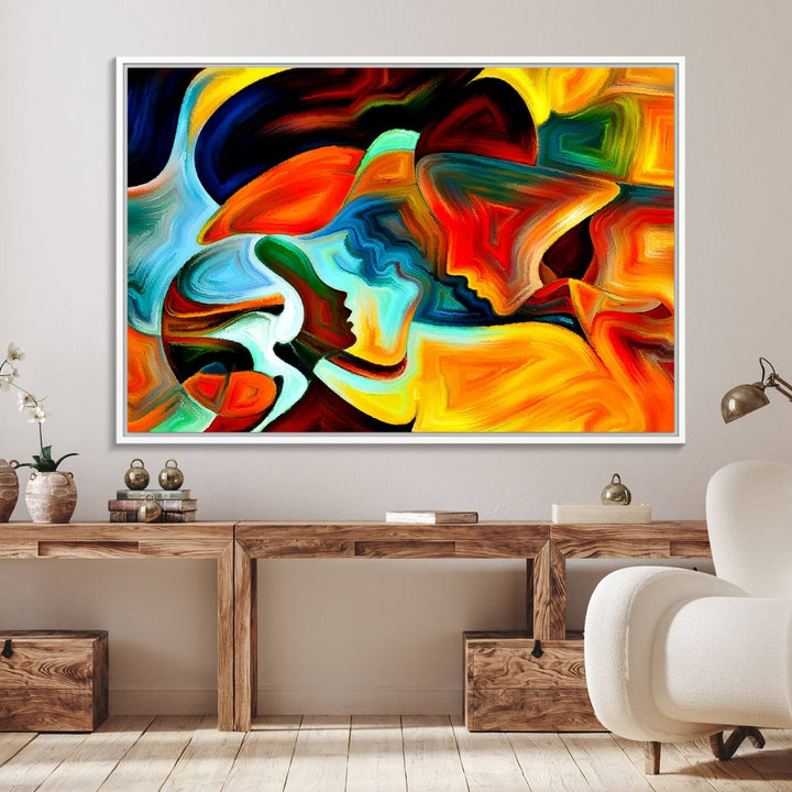 The kitchen wall features the Human Love Figures Abstract Wall Art Canvas Print.