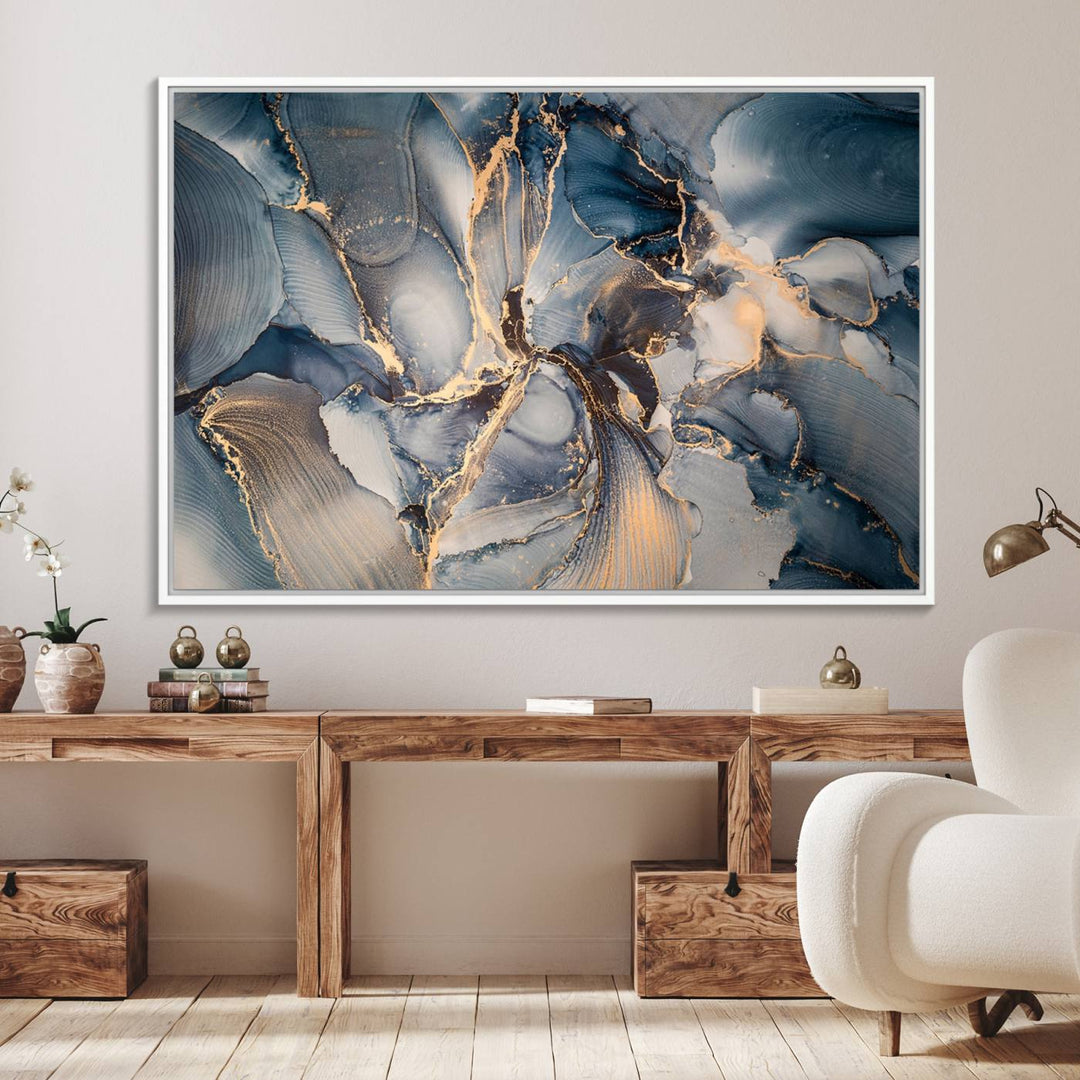 Abstract wall art canvas print is displayed prominently, adding a modern touch to the decor.