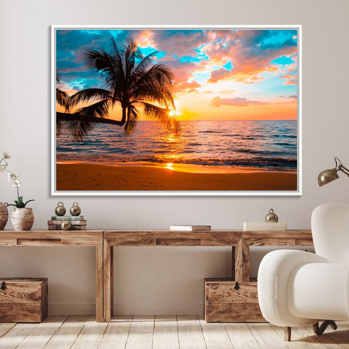 The Palm Tree Sunset On The Beach ready-to-hang canvas wall art—museum quality—brings a serene atmosphere to the room.