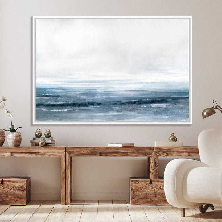 The dining area features Blue Ocean Abstract Artwork on canvas.