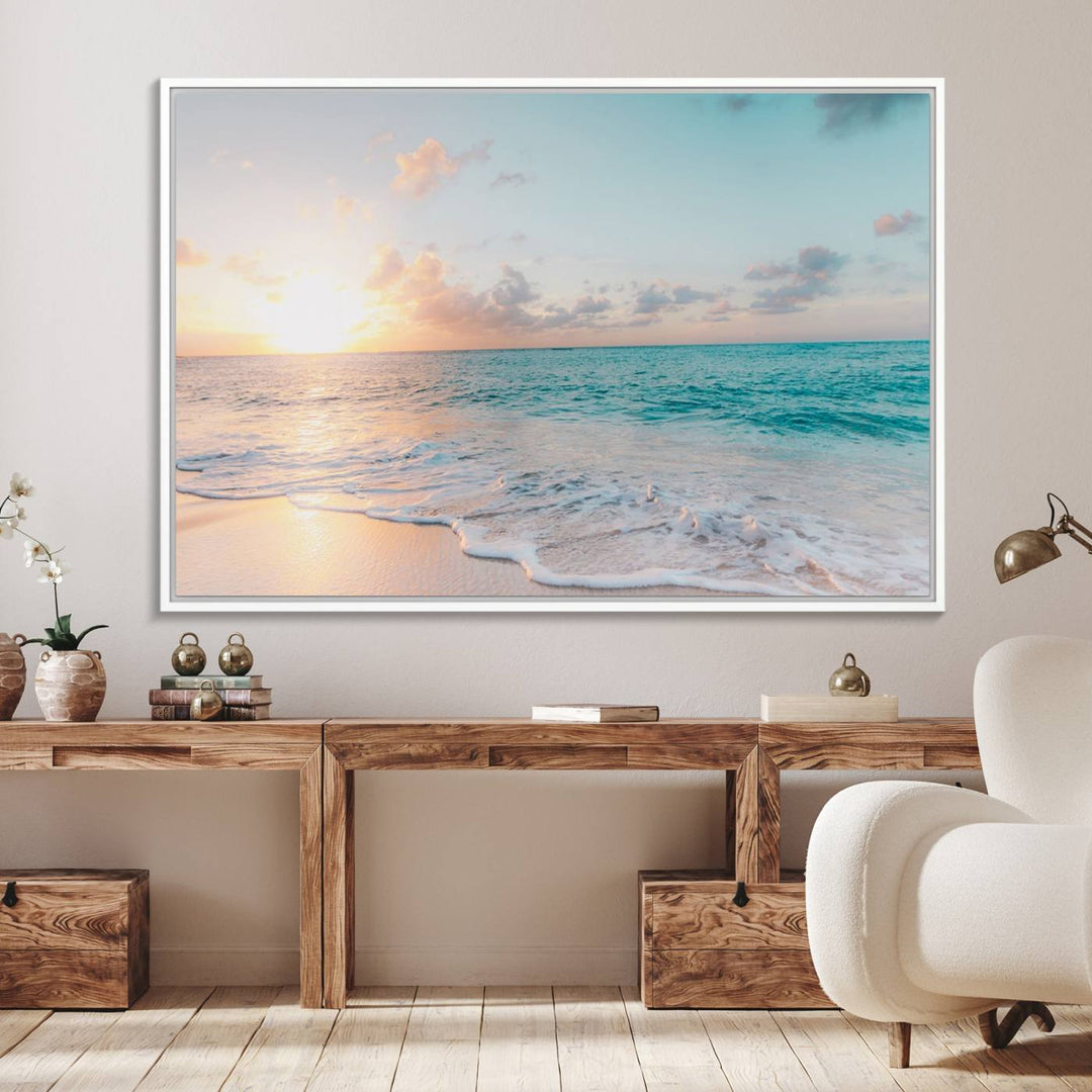 The room features a 3-panel Tranquil Ocean Beach Sunset Canvas Wall Art.