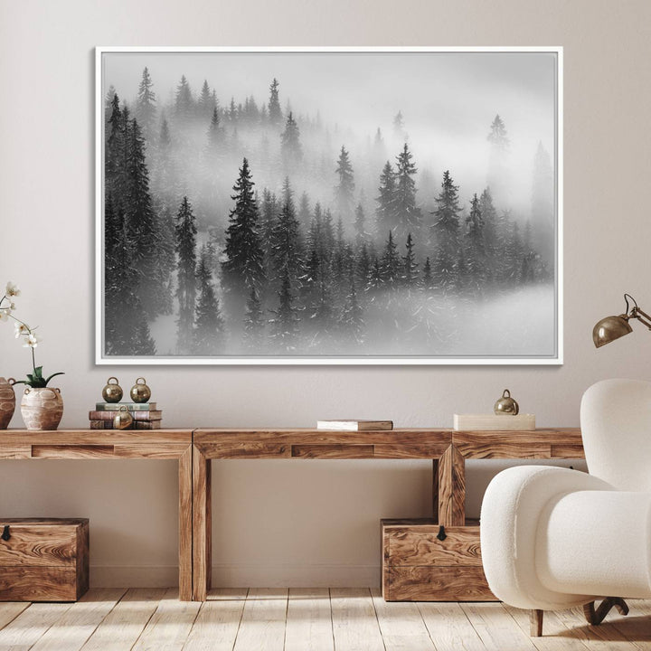 A stunning Foggy Misty Forest Canvas Wall Art adorns the kitchen wall.