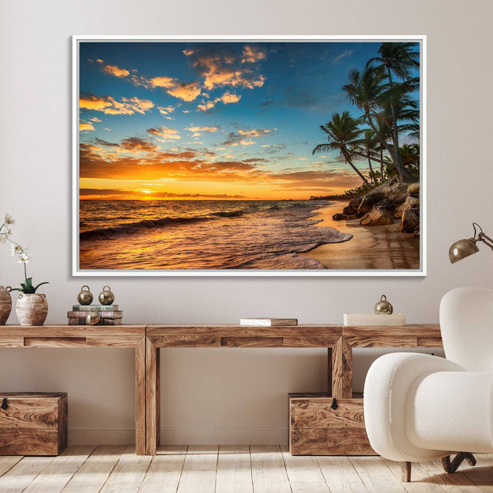 A stunning beach sunset on a museum-quality Sunset Wall Art Canvas Print adorns the kitchen wall.