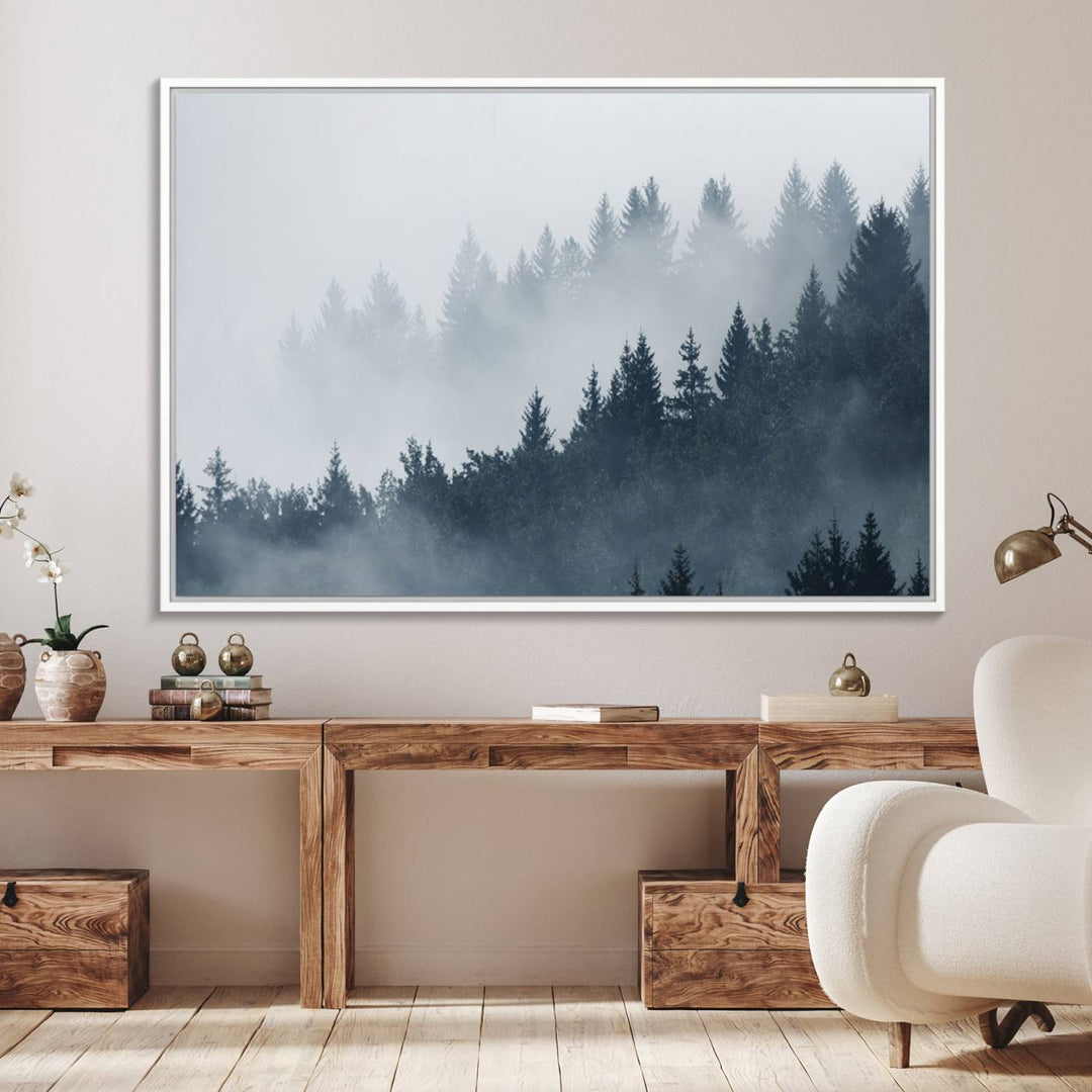 A large Foggy Pine Forest Wall Art Canvas Print.