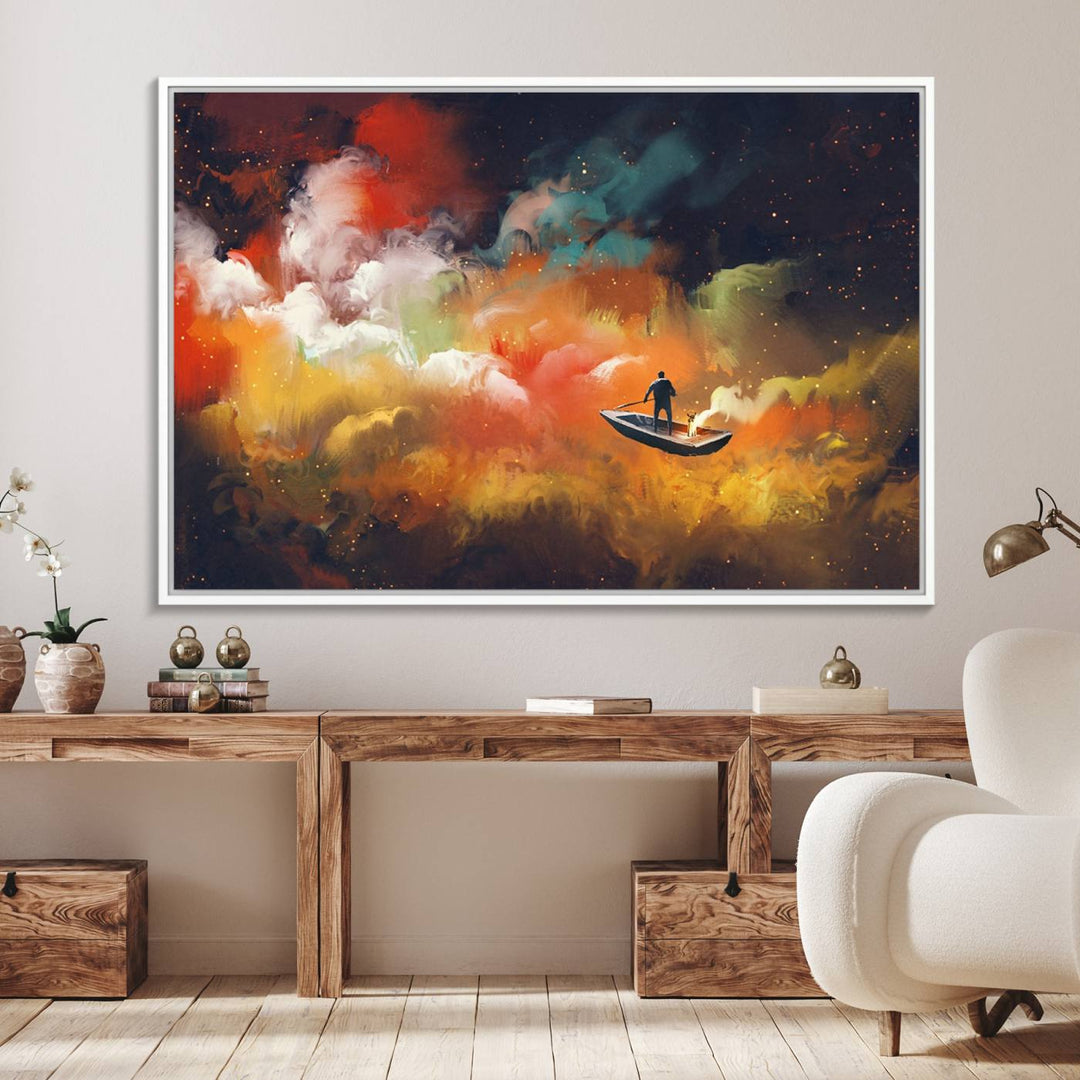 Surreal Space Adventure Canvas Wall Art features a person in a boat.