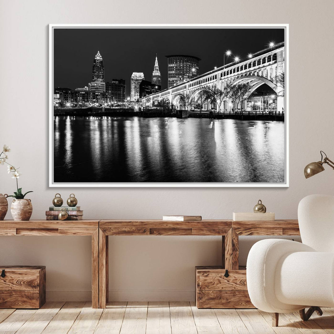 The Cleveland Night Skyline Canvas Print hangs prominently.